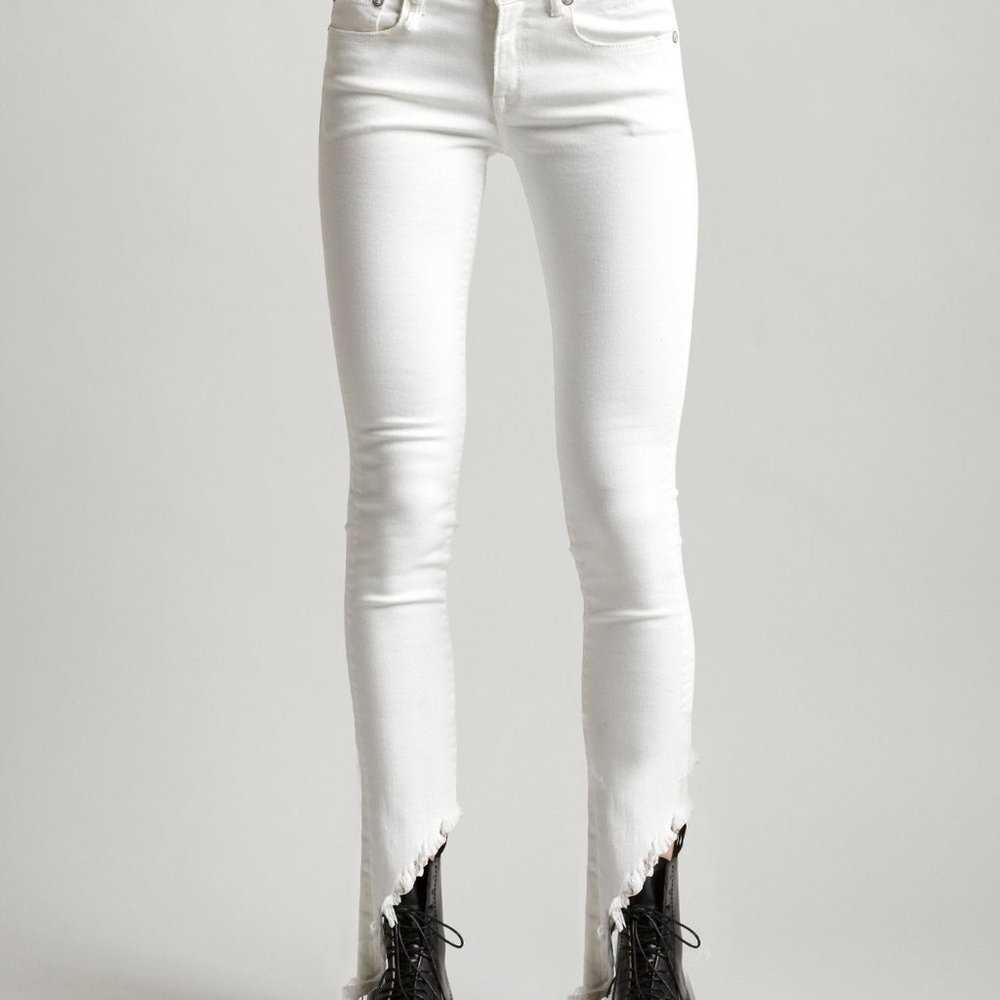 R13 Kake Skinny Long Jeans with Angled Hems in Garrett White